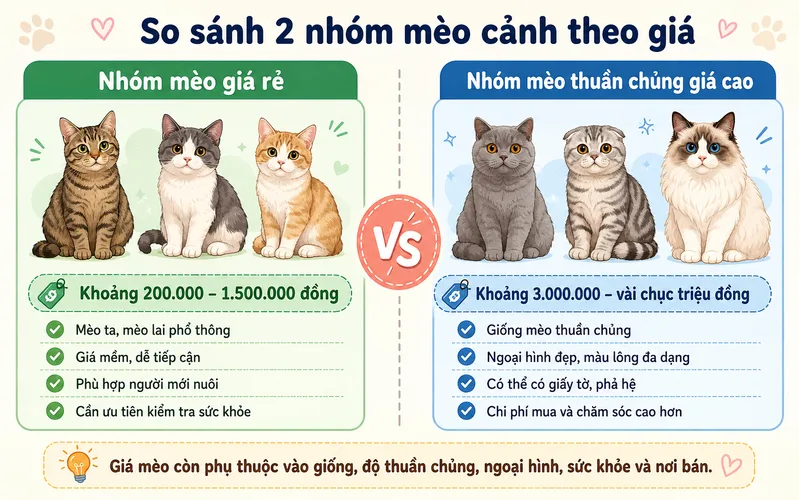 Mèo phổ thông thường có giá mềm hơn, trong khi mèo thuần chủng, màu đẹp hoặc có giấy tờ thường đắt hơn.